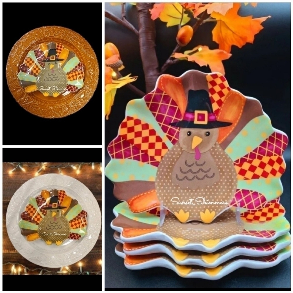 4 Colorful Ceramic Turkey Shaped Thanksgiving Salad / App / Dessert Plate Set